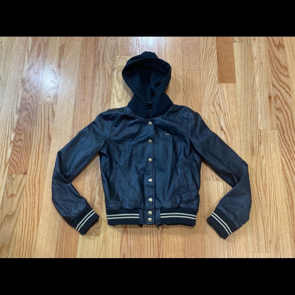 OBEY FAUX LEATHER HOODIE LAYERED JACKET Womens S